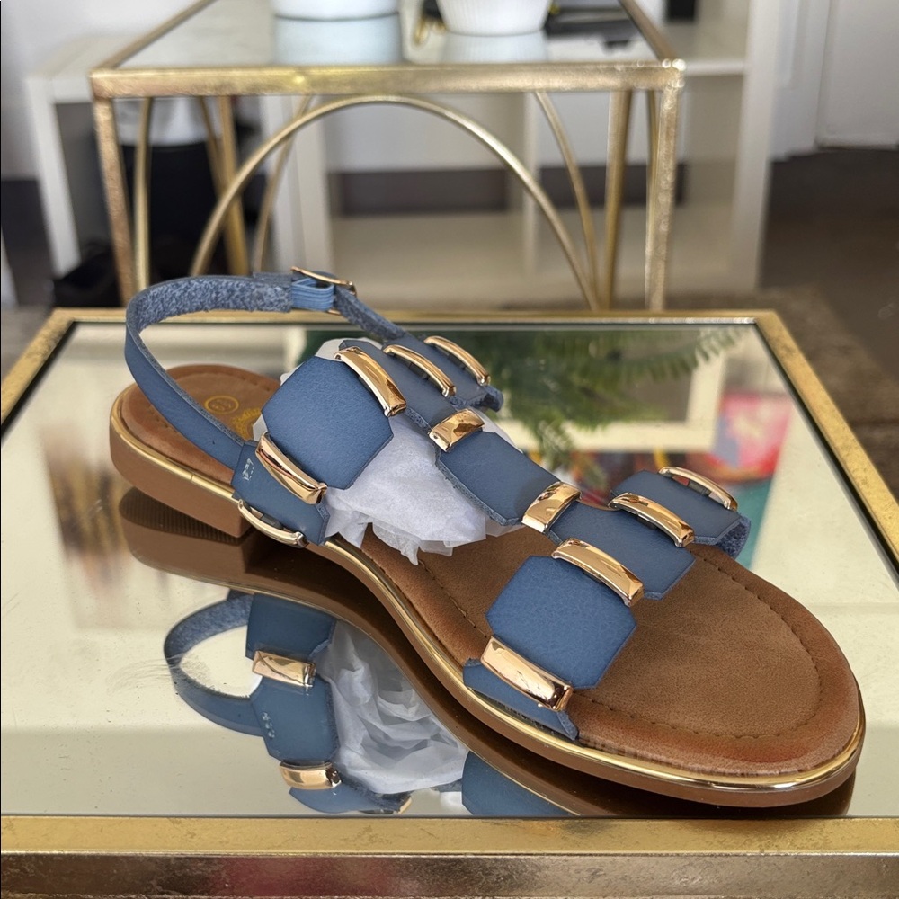 Chic Blue Sandals with Gold Accents